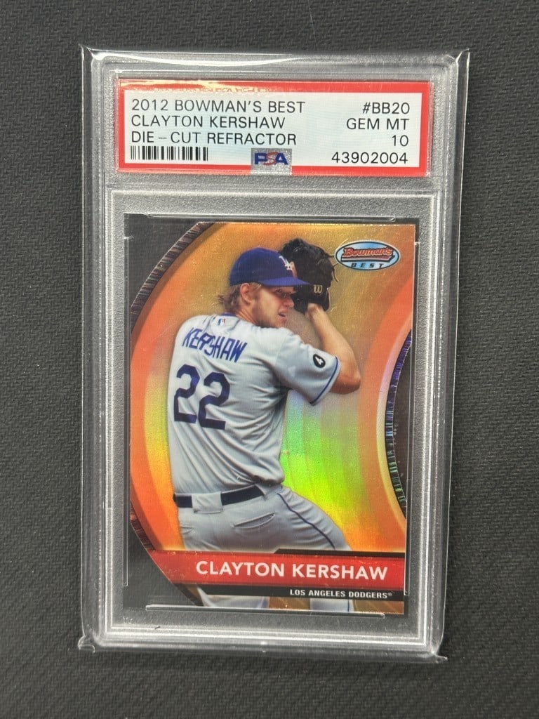 Clayton Kershaw 2012 Bowman's Best Die Cut Refractor PSA 10 Dodgers BB20: Clayton Kershaw 2012 Bowman's Best Die Cut Refractor PSA 10 Dodgers BB20 This is a Clayton Kershaw 2012 Bowman's Best Die Cut Refractor Baseball Card, numbered #BB20 and serially numbered 67/99. Grade