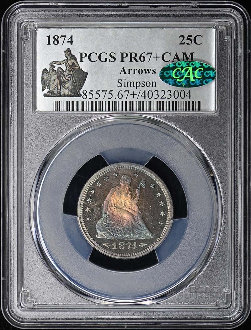 PCGS PR67+CAM CAC Liberty Seated Arrows Quarter 1874 Proof: PCGS PR67+CAM CAC Liberty Seated Arrows Quarter 1874 Proof This 1874 Liberty Seated Quarter features the Arrows variety and has been certified by PCGS with a PR67+CAM grade, accompanied by CAC approva