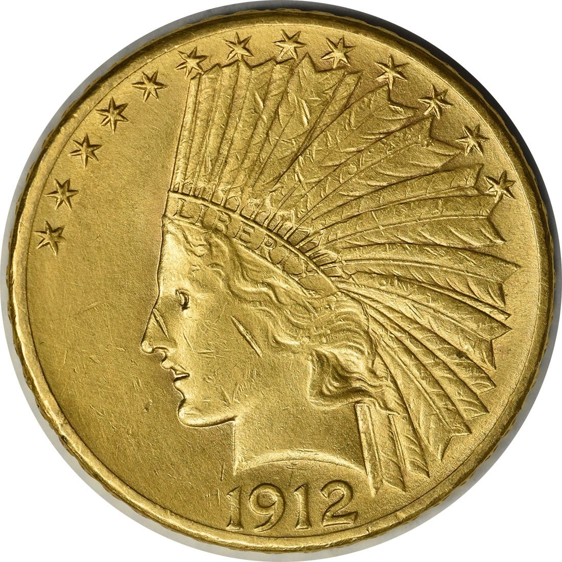 1912 S Indian Head $10 Gold Coin XF Uncertified: 1912 S Indian Head $10 Gold Coin XF Uncertified This is a 1912 $10 Gold Indian coin from the United States, designed by Augustus Saint Gaudens. The coin is composed of 90% gold and 10% copper, with a 