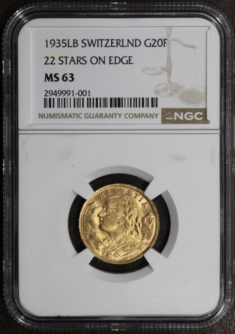 NGC MS63 Swiss 20 Francs Gold Coin 1935 LB 22 Stars Edge: NGC MS63 Swiss 20 Francs Gold Coin 1935 LB 22 Stars Edge This 1935 Swiss Helvetia 20 Francs gold coin features a 0.900 fineness and is graded MS63 by NGC. The coin displays 22 stars on the edge and is