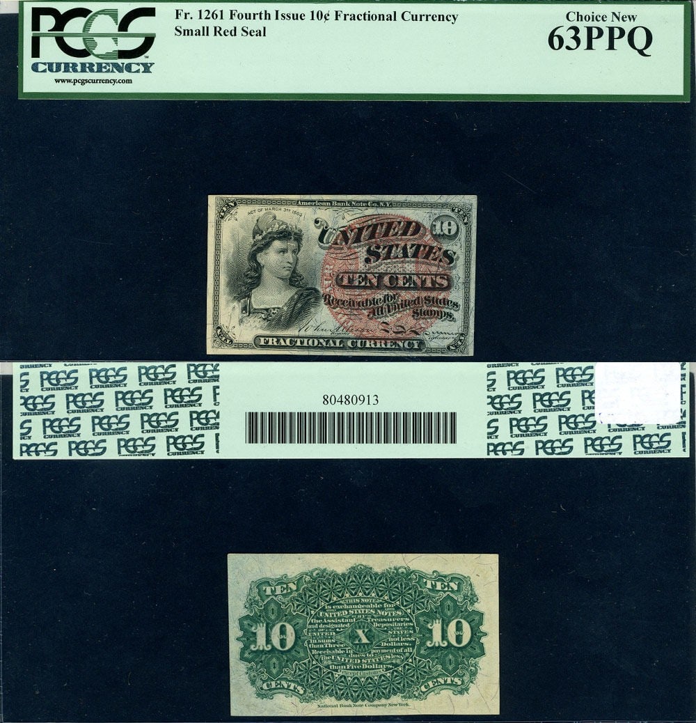 PCGS Choice CU63 PPQ 10c Fourth Issue Fractional Note Red Seal: PCGS Choice CU63 PPQ 10c Fourth Issue Fractional Note Red Seal This is a United States 10 cent fractional currency note from the 4th Issue, cataloged as FR. 1261. It features a small red seal and has 