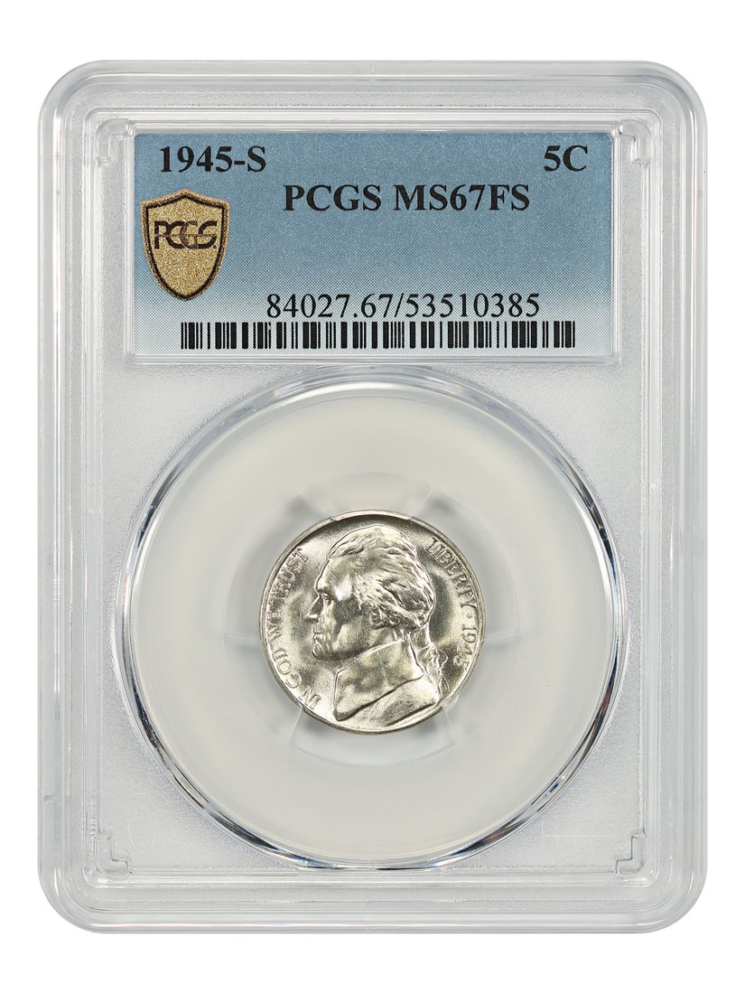 PCGS MS67FS 1945-S Jefferson 5C Nickel: PCGS MS67FS 1945-S Jefferson 5C Nickel 1945-S Jefferson Nickel graded MS67FS by PCGS. This uncirculated San Francisco issue is white and radiantly lustrous, with a fully struck superb gem appearance a