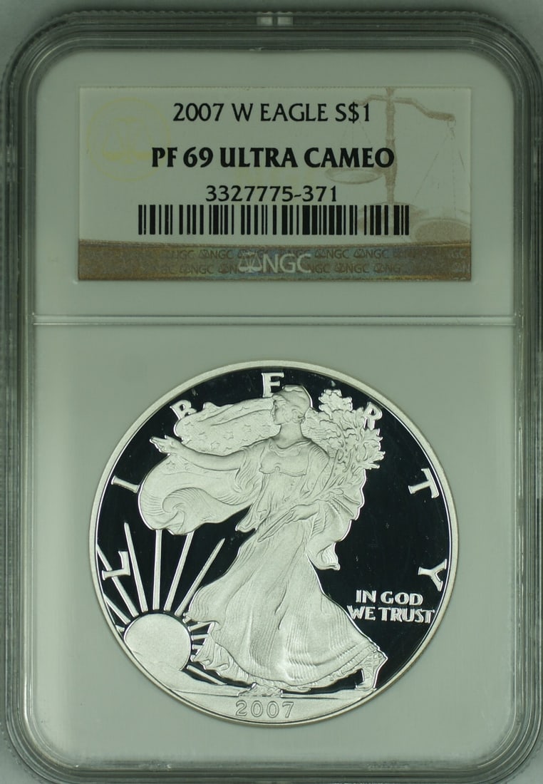 NGC Graded 2007-W Proof Silver Eagle Dollar PF 69 Ultra Cameo: NGC Graded 2007-W Proof Silver Eagle Dollar PF 69 Ultra Cameo This 2007-W American Proof Silver Eagle features a $1 denomination and is certified by NGC with a grade of PF 69 Ultra Cameo. Issued as a 