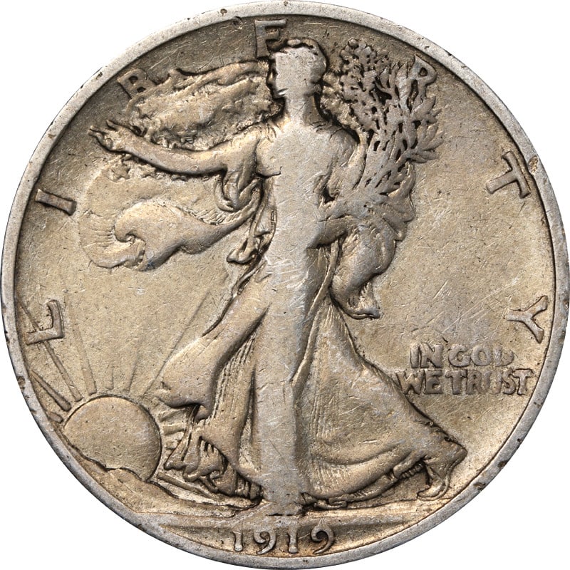 1919 San Francisco Walking Liberty Silver Half Dollar Coin: 1919 San Francisco Walking Liberty Silver Half Dollar Coin This is a 1919-S Walking Liberty Half Dollar from the United States. The coin is circulated and made of silver with a fineness of 0.9. It is 