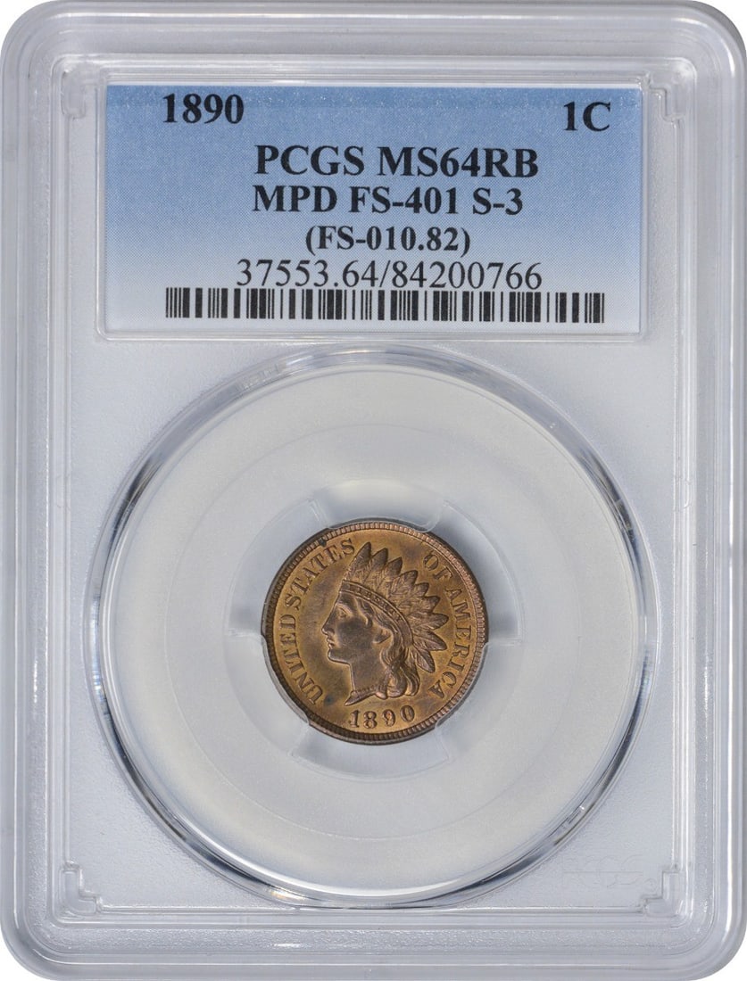 PCGS MS64RB 1890 Indian Head Copper Small Cent: PCGS MS64RB 1890 Indian Head Copper Small Cent This is an 1890 Indian Head Cent graded MS64RB by PCGS. The coin is uncirculated and features the MPD FS-401 variety. It is composed of copper and was st