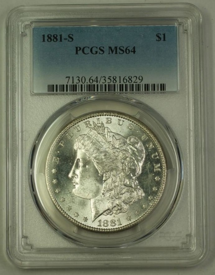 PCGS MS-64 1881-S Morgan Dollar Silver $1 Coin: PCGS MS-64 1881-S Morgan Dollar Silver $1 Coin This 1881-S Morgan Silver Dollar is an uncirculated coin from the United States, minted in San Francisco. Certified and graded MS-64 by PCGS, it is compo