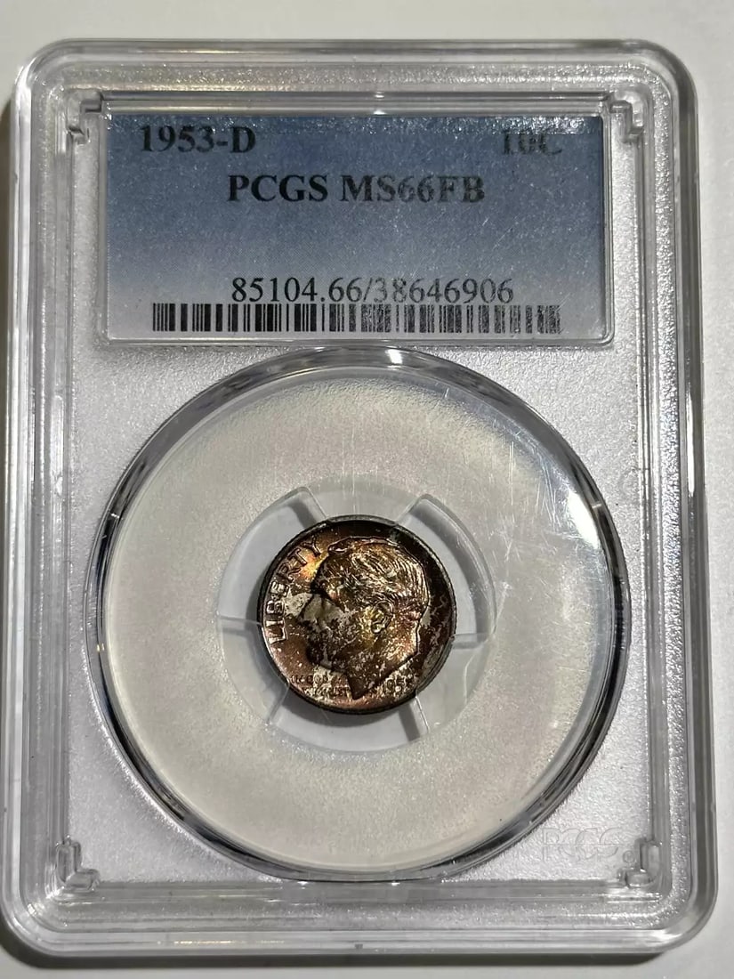 1953 D Dime Roosevelt PCGS MS66 FB with Rainbow Toning: 1953 D Dime Roosevelt PCGS MS66 FB with Rainbow Toning This stunning 1953 D Roosevelt Dime features a brilliant uncirculated finish with beautiful rainbow toning, certified by PCGS with a grade of MS 