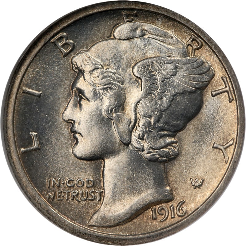 1916 San Francisco Mercury Dime Silver Uncirculated BU: 1916 San Francisco Mercury Dime Silver Uncirculated BU This original 1916-S Mercury Dime features attractive eye appeal, strong luster, and a well-executed strike. The coin is graded BU (Brilliant Unc