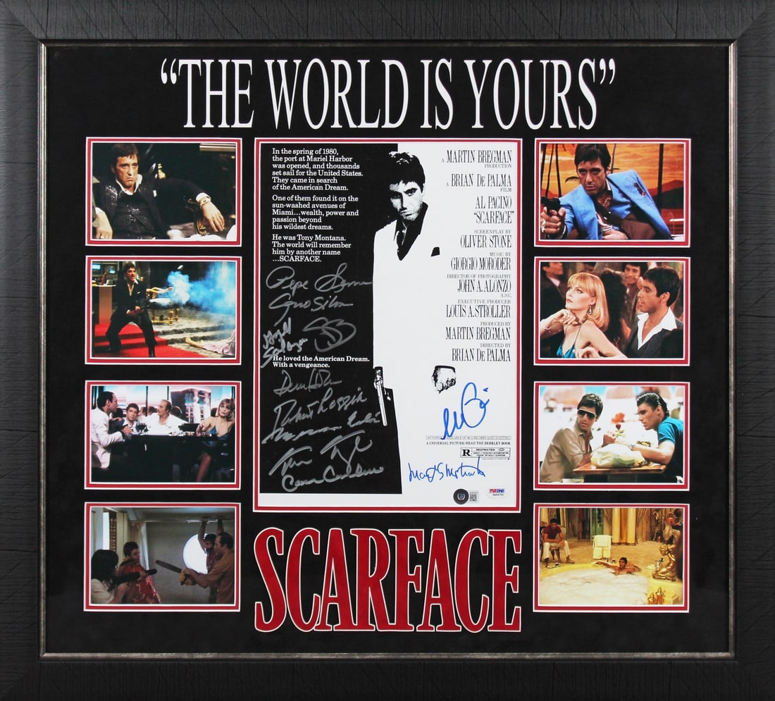 Scarface Cast Signed 12x18 Framed Photo with Beckett COA: Scarface Cast Signed 12x18 Framed Photo with Beckett COA This autographed mini movie poster features a 12x18-inch photograph from Scarface, professionally framed and personally signed by Al Pacino, Pe