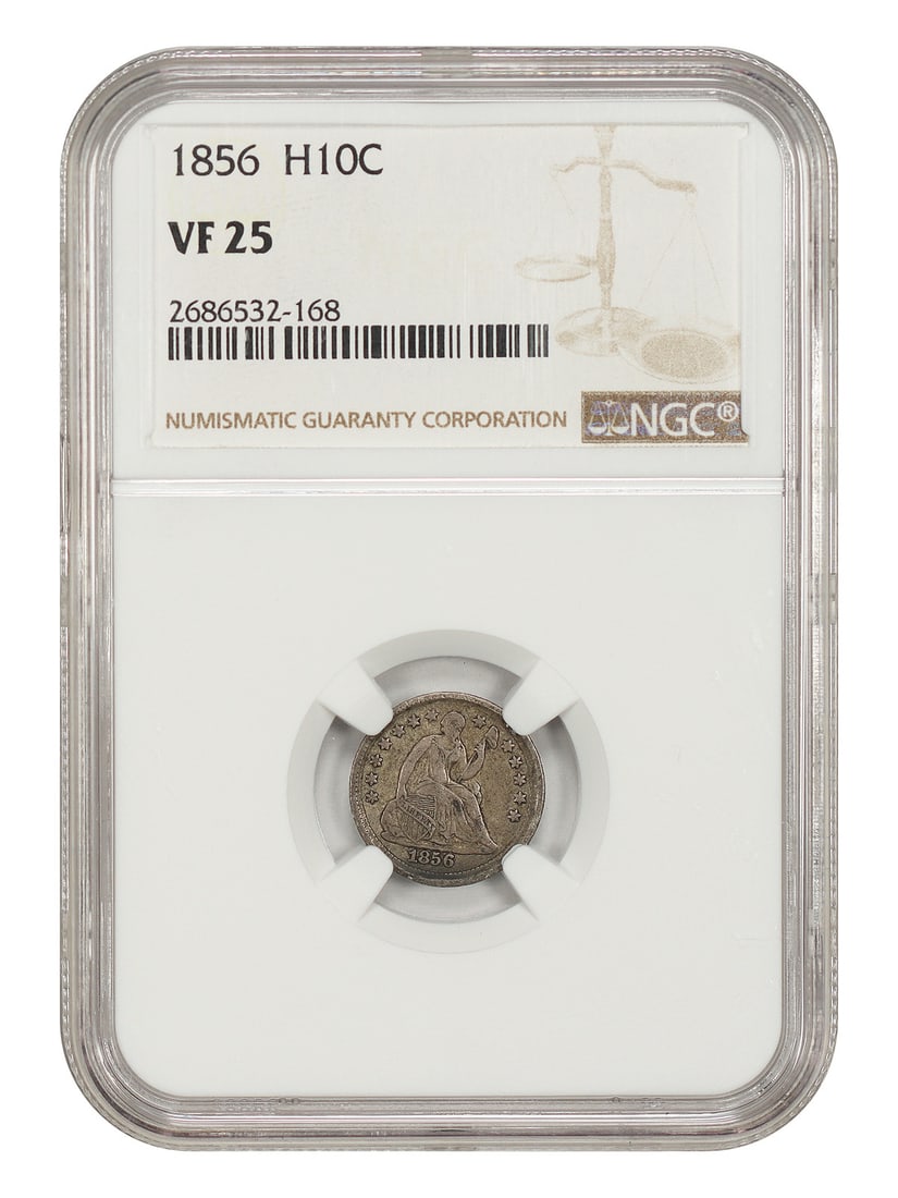 1856 Liberty Seated Half Dime H10C NGC VF25: 1856 Liberty Seated Half Dime H10C NGC VF25 An 1856 Liberty Seated Half Dime graded VF25 by NGC. This circulated coin was minted in Philadelphia and is identified by certification number 2686532168. C