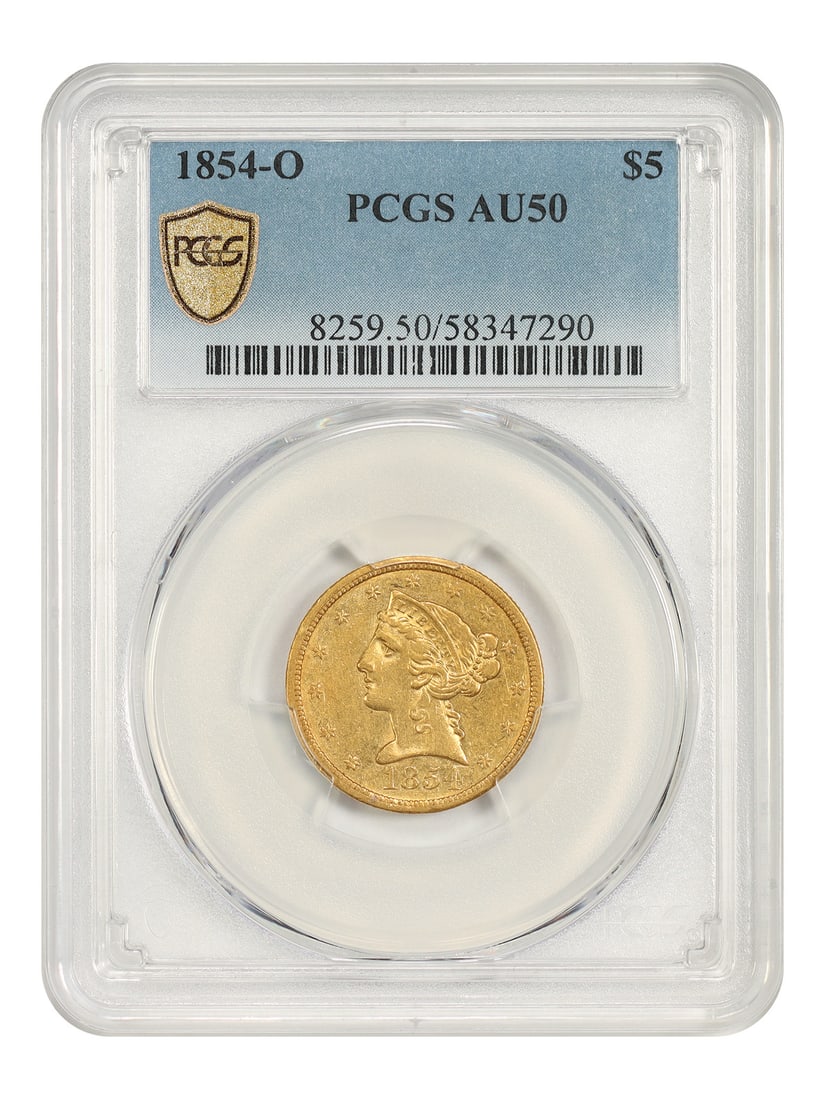 PCGS AU50 1854-O Liberty Head $5 Gold Coin: PCGS AU50 1854-O Liberty Head $5 Gold Coin An 1854-O Liberty Head $5 gold coin from the New Orleans Mint, certified by PCGS and graded AU50. This circulated example comes from a mintage of 46,000 with