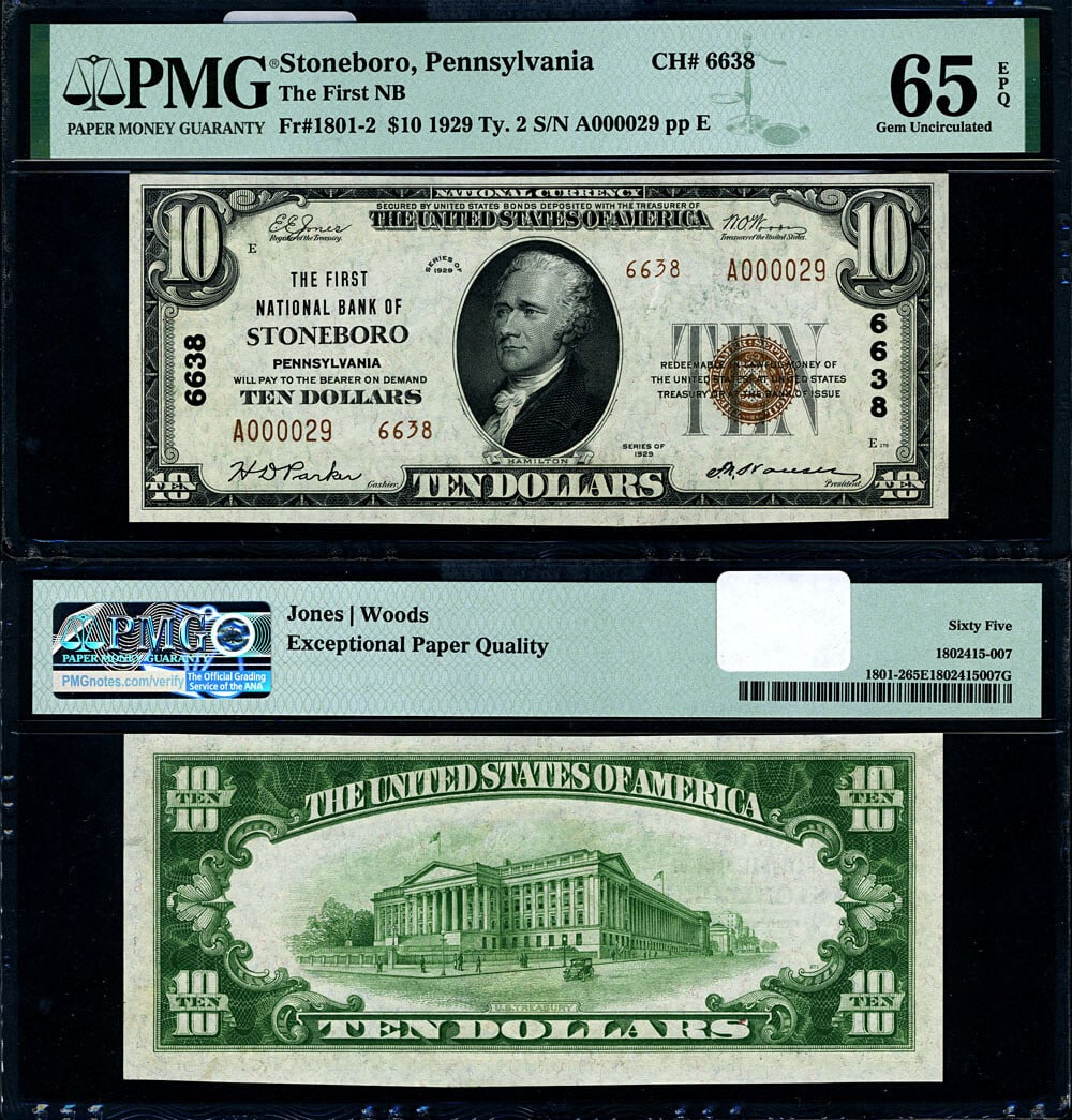 1929 T-2 $10 National Bank Note Stoneboro PA Gem CU65 EPQ PMG: 1929 T-2 $10 National Bank Note Stoneboro PA Gem CU65 EPQ PMG This stunning 1929 T-2 National Bank Note from Stoneboro, PA, features a denomination of $10 and is graded as Gem CU65 EPQ by PMG. The not