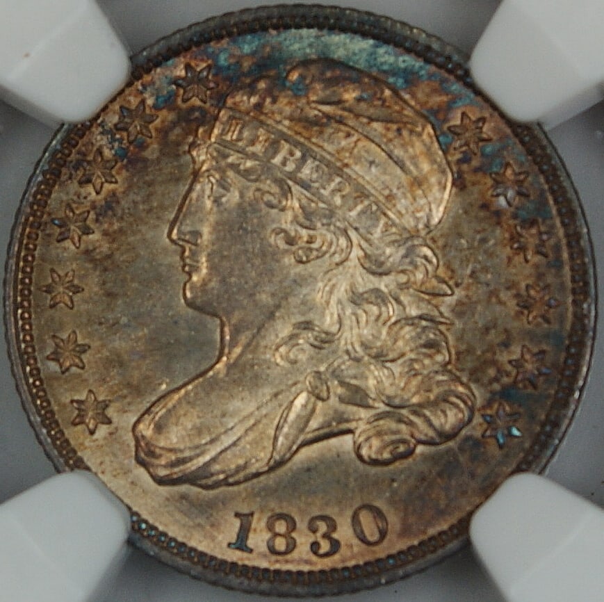 NGC MS-62 1830 Capped Bust Silver Dime with Toning: NGC MS-62 1830 Capped Bust Silver Dime with Toning This 1830 Capped Bust Silver Dime is graded MS-62 by NGC and features attractive toning. The coin originates from the Philadelphia Mint and is uncirc