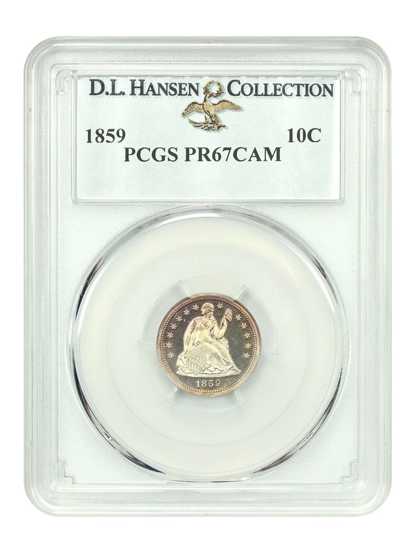 1859 10C PCGS PR67CAM Liberty Seated Dime D.L. Hansen: 1859 10C PCGS PR67CAM Liberty Seated Dime D.L. Hansen This stunning 1859 10C Liberty Seated Dime is graded PR67CAM by PCGS, showcasing exceptional quality and eye appeal. With a total mintage of only 