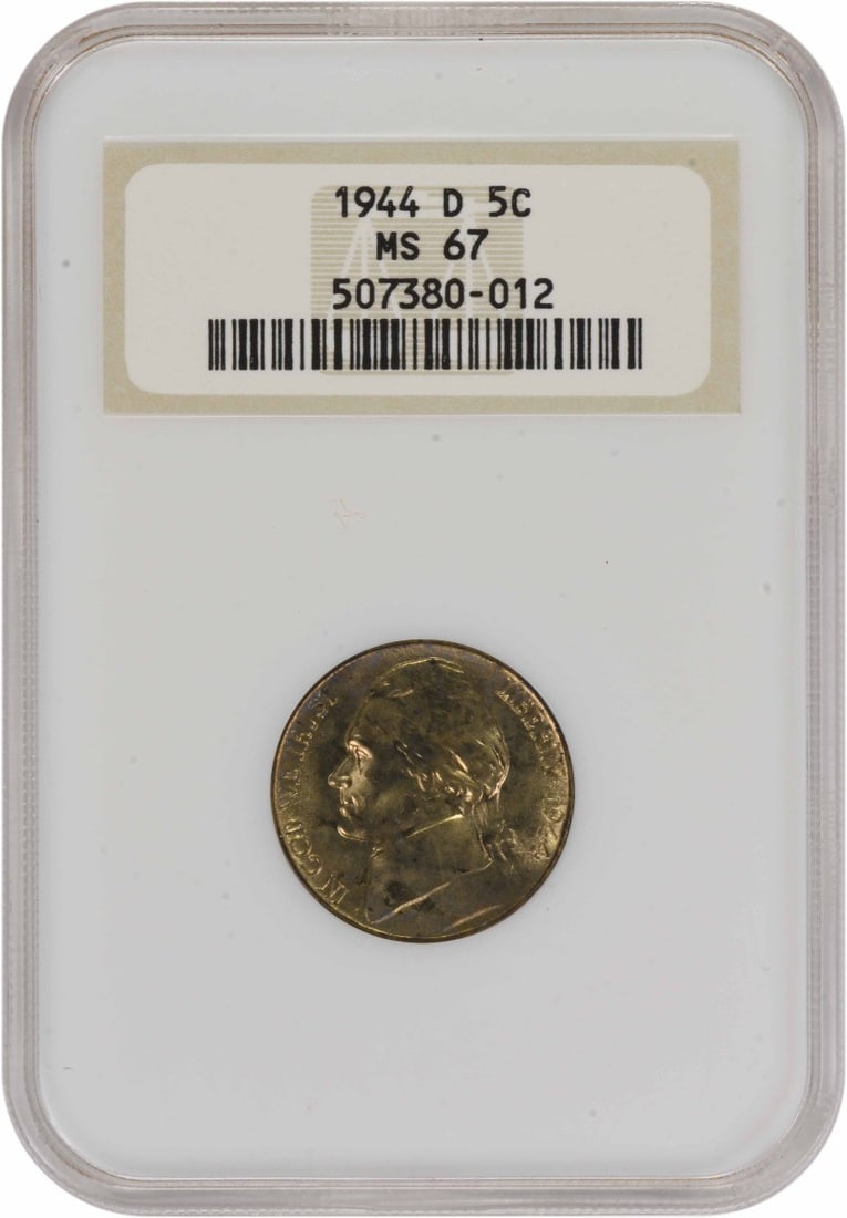 NGC MS67 1944-D Jefferson 5C Denver Nickel: NGC MS67 1944-D Jefferson 5C Denver Nickel This is a 1944 Jefferson Nickel minted in Denver, graded MS67 by NGC. The coin is uncirculated and features a composition of 56% copper, 35% silver, and 9% m