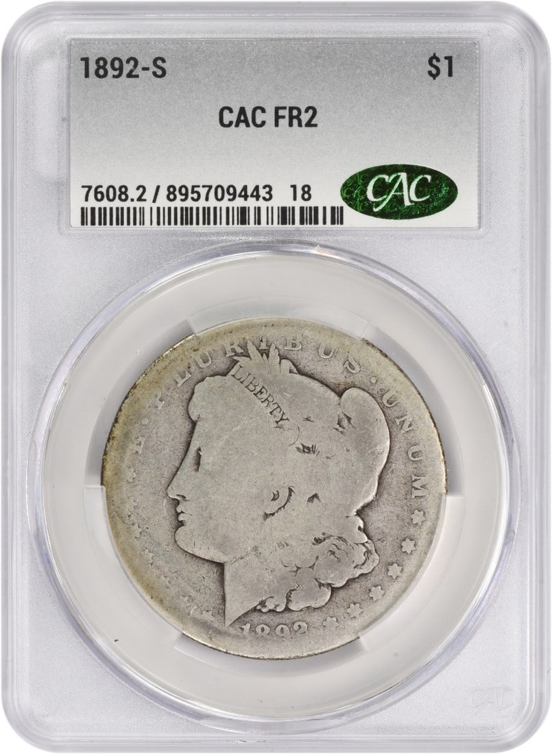 1892 San Francisco Morgan Dollar Fair Grade CACG Certified Silver Coin: 1892 San Francisco Morgan Dollar Fair Grade CACG Certified Silver Coin This 1892-S Morgan Silver Dollar was minted in San Francisco and is composed of 90% silver and 10% copper. Designed by George T. 