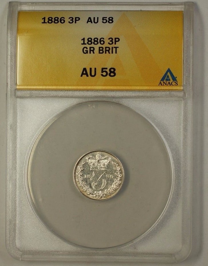 1886 British Threepence Silver ANACS AU58: 1886 British Threepence Silver ANACS AU58 This is an 1886 Great Britain Three Pence silver coin, graded AU 58 by ANACS. The coin is circulated and composed of silver, originating from the United Kingd