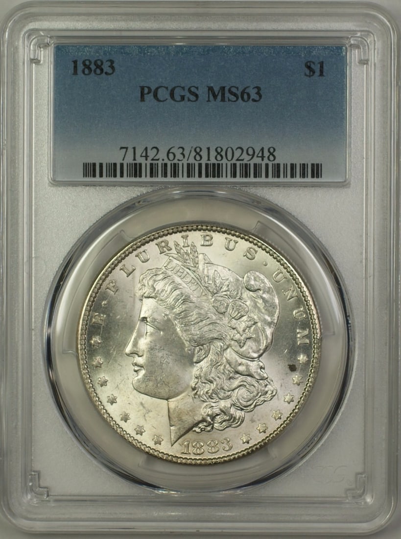PCGS MS63 1883 Morgan Dollar Silver Coin from Philadelphia Mint: PCGS MS63 1883 Morgan Dollar Silver Coin from Philadelphia Mint This 1883 Morgan Silver Dollar $1 coin is certified by PCGS with a grade of MS 63. Composed of silver and struck at the Philadelphia Min