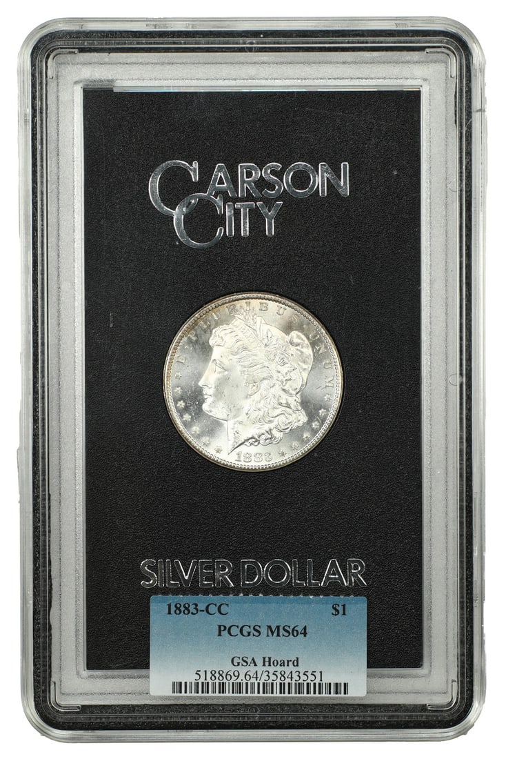 1883 Carson City Morgan Dollar $1 PCGS MS64: 1883 Carson City Morgan Dollar $1 PCGS MS64 1883-CC Morgan Dollar graded PCGS MS64. The coin is uncirculated and shows satiny luster. It is a pre-owned example from the Carson City mint. Specification