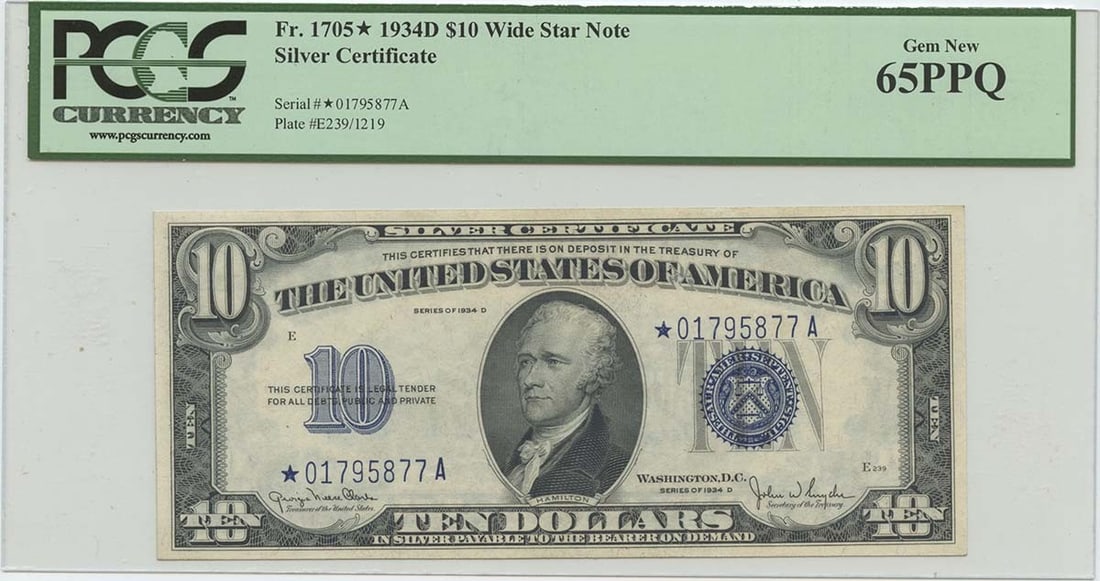 1934D $10 Silver Certificate Star FR#1705* PCGS 65PPQ Uncirculated Gem (1 of 2)