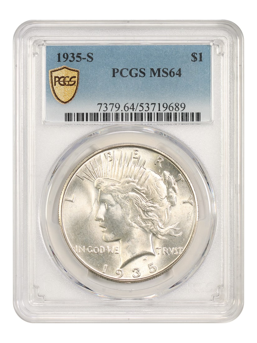 PCGS MS64 1935-S Peace Dollar $1 San Francisco Mint: PCGS MS64 1935-S Peace Dollar $1 San Francisco Mint 1935-S $1 Peace Dollar certified by PCGS and graded MS64. This uncirculated coin is from the final year of the Peace Dollar series and was minted in