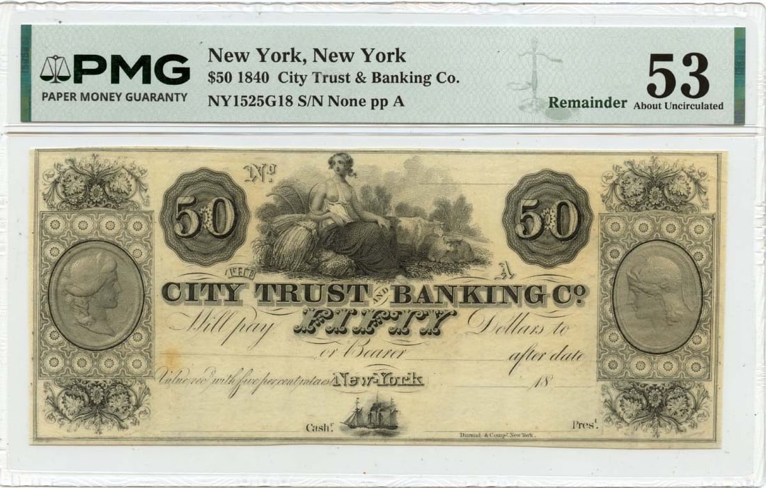 PMG AU53 City Trust and Banking Obsolete $50 Note New York 1840 (1 of 2)