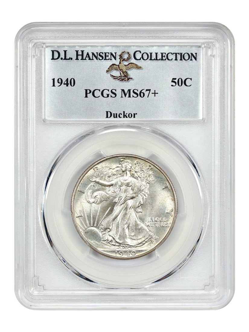 PCGS MS67+ 1940 Walking Liberty Half Dollar ex D.L. Hansen Duckor: PCGS MS67+ 1940 Walking Liberty Half Dollar ex D.L. Hansen Duckor 1940 Walking Liberty Half Dollar, graded PCGS MS67+ and certified uncirculated. Struck in Philadelphia, this 50C coin is described as 