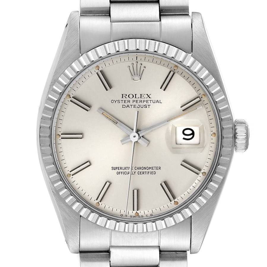 Rolex Datejust 1603 Mens Watch Silver Stick Dial Jubilee Bracelet: Rolex Datejust 1603 Mens Watch Silver Stick Dial Jubilee Bracelet Men's Rolex Datejust watch, reference 1603, featuring a silver stick dial, engine turned bezel, and Jubilee folded bracelet. The watch