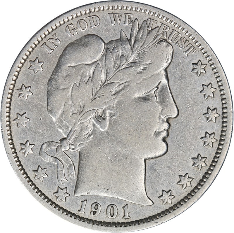 1901 O Barber Half Dollar Silver Choice VF Details: 1901 O Barber Half Dollar Silver Choice VF Details This 1901-O Barber Half Dollar is a circulated coin with Choice Very Fine (VF) details. It offers appealing eye appeal and a strong strike, featuring