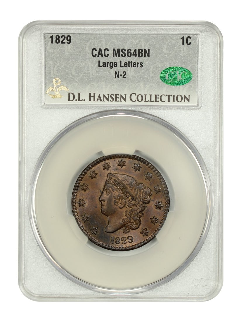 1829 Coronet Head Cent 1C CACG MS64BN Large Letters N-2: 1829 Coronet Head Cent 1C CACG MS64BN Large Letters N-2 1829 Coronet Head Cent, Large Letters, N-2 variety, certified by CACG and graded MS64BN. Minted in Philadelphia, this uncirculated 1C coin shows