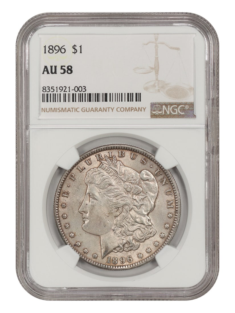 1896 Philadelphia Morgan Dollar $1 NGC AU58 Certified Coin: 1896 Philadelphia Morgan Dollar $1 NGC AU58 Certified Coin 1896 Morgan Dollar $1 from the Philadelphia Mint, certified by NGC with certification number 8351921003. The coin is listed as circulated and