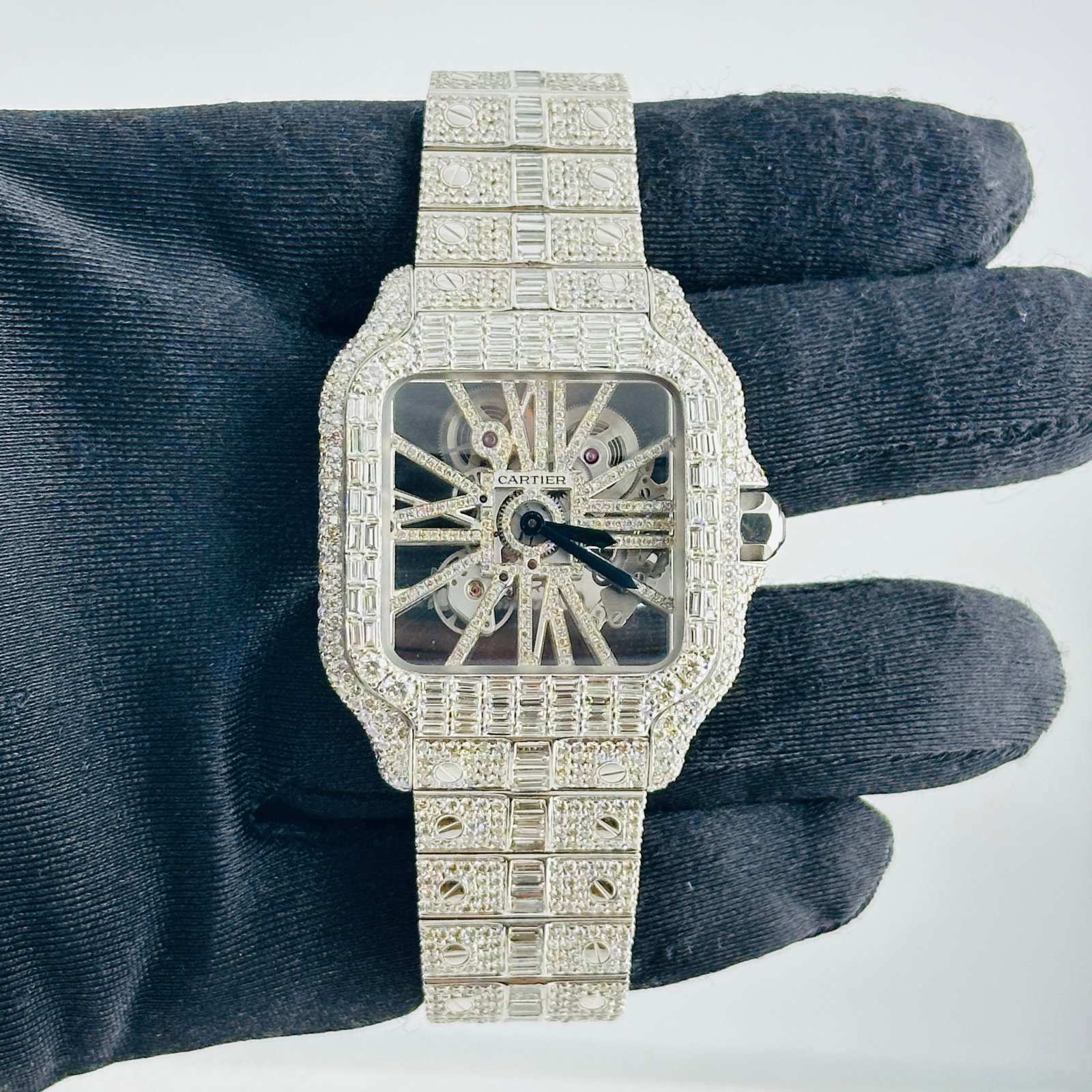 Cartier Santos Skeleton 4109 Diamond Dial and Baguette Bracelet with Papers 2021: Cartier Santos Skeleton 4109 Diamond Dial and Baguette Bracelet with Papers 2021 This Cartier Santos Skeleton watch, reference 4109, features a diamond-set dial, diamond bezel, and a bracelet adorned 