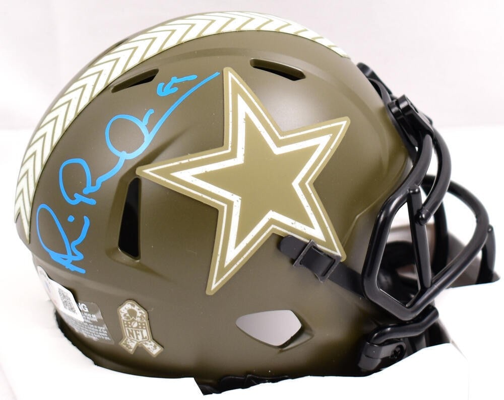Dallas Cowboys Speed Mini Helmet signed by Michael Irvin Beckett holo: Dallas Cowboys Speed Mini Helmet signed by Michael Irvin Beckett holo This Dallas Cowboys speed mini helmet features an original autograph by Michael Irvin. It is a Salute to Service product, marked a