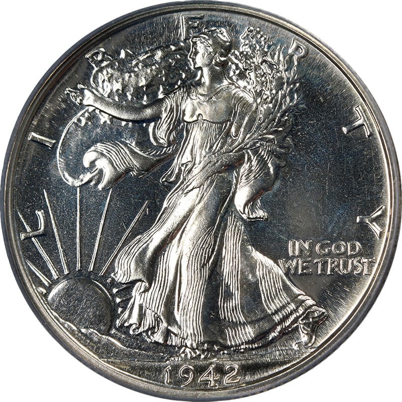 1942 Silver Walking Liberty Half Dollar Proof PCGS PR64 Strong Strike: 1942 Silver Walking Liberty Half Dollar Proof PCGS PR64 Strong Strike This 1942 Walking Liberty Half Dollar is a proof coin graded PCGS PR64. Struck in silver with a fineness of 0.9, it is an uncircul