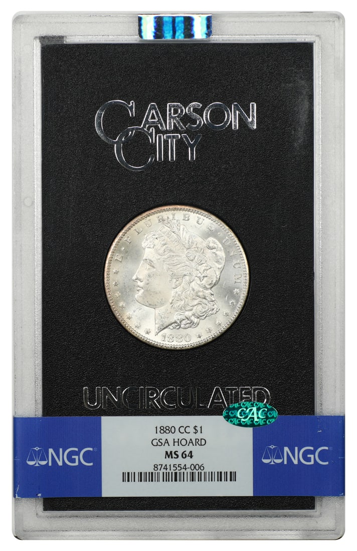 1880 Carson City Morgan Dollar NGC MS64 in GSA Case: 1880 Carson City Morgan Dollar NGC MS64 in GSA Case 1880-CC Morgan Dollar $1 certified by NGC and graded MS64 with CAC designation. This Carson City issue is presented as an ever-popular CC-Mint GSA h