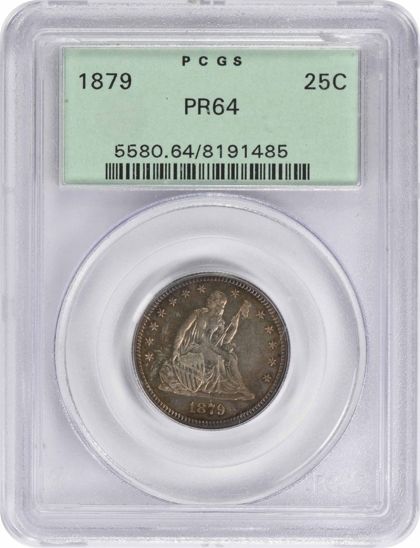1879 PCGS PR64 Proof Seated Liberty Silver 25C Quarter: 1879 PCGS PR64 Proof Seated Liberty Silver 25C Quarter This 1879 Liberty Seated Silver Quarter is a proof coin graded PR64 by PCGS. Struck in silver, this uncirculated quarter features the classic Sea