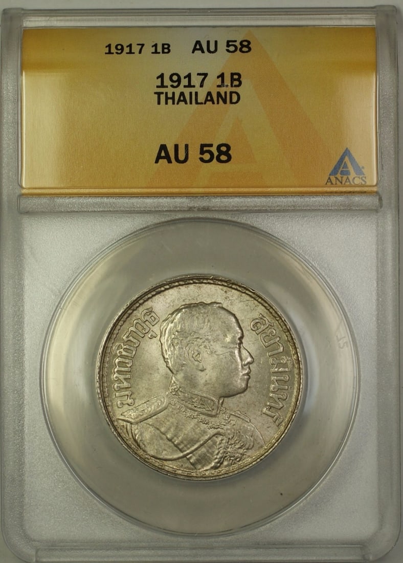 Thailand 1917 Silver 1 Baht Coin ANACS Graded AU 58: Thailand 1917 Silver 1 Baht Coin ANACS Graded AU 58 This 1917 Thailand 1 Baht coin is composed of silver and has been certified by ANACS with a grade of AU 58. It is a circulated coin from Thailand, d
