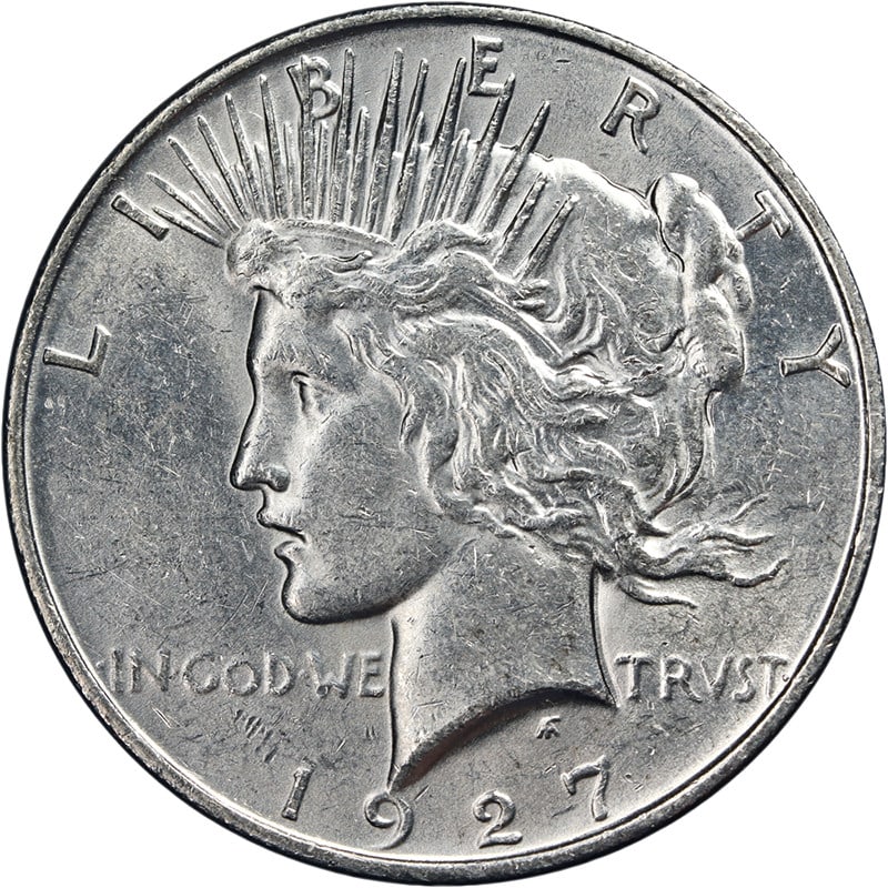 1927 Denver Mint Peace Silver Dollar AU or BU Uncertified: 1927 Denver Mint Peace Silver Dollar AU or BU Uncertified This 1927-D Peace Dollar features choice About Uncirculated to Brilliant Uncirculated condition, exhibiting impressive luster, attractive surf