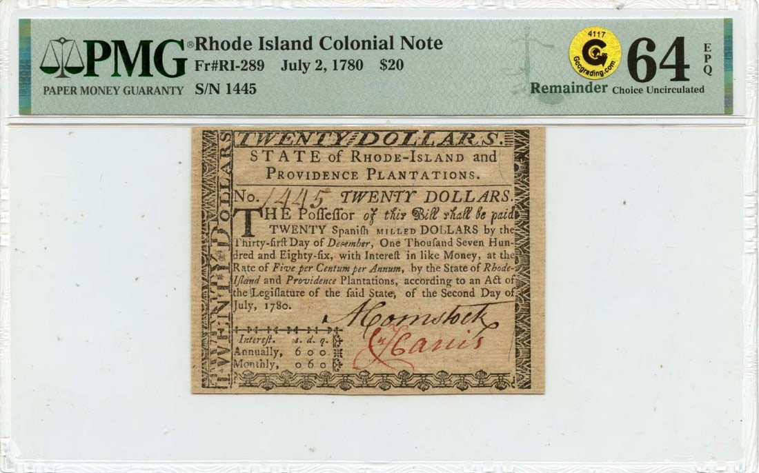 1780 Rhode Island $20 Colonial Note PMG CU64 EPQ Certified: 1780 Rhode Island $20 Colonial Note PMG CU64 EPQ Certified This $20 Rhode Island Colonial Note, dated July 2, 1780, is a remarkable piece of historical currency. It has been certified by PMG with a gr