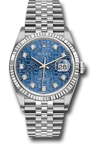 Rolex Datejust 36 126234 Blue Diamond Dial Fluted Bezel Green Card 2021: Rolex Datejust 36 126234 Blue Diamond Dial Fluted Bezel Green Card 2021 This is a men's Rolex Datejust wristwatch, reference number 126234. It features a blue Jubilee diamond dial, a fluted bezel, and
