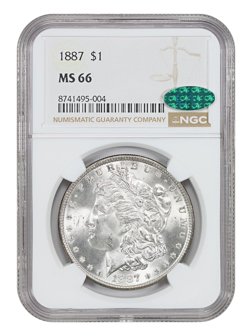NGC CAC MS66 1887 $1 Morgan Dollar Philadelphia Mint: NGC CAC MS66 1887 $1 Morgan Dollar Philadelphia Mint An 1887 Morgan Dollar $1 from the Philadelphia Mint, certified by NGC. The coin is uncirculated and described as a popular collector date, with a h
