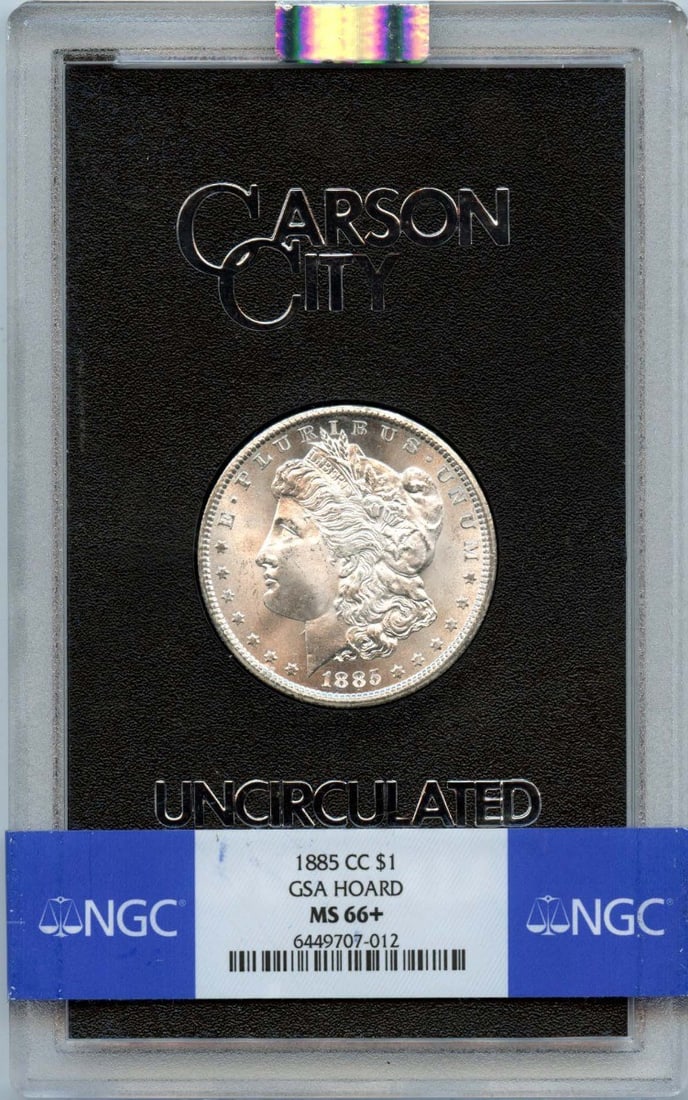 NGC MS66 Plus 1885 Carson City Morgan Dollar GSA Hoard Silver Coin: NGC MS66 Plus 1885 Carson City Morgan Dollar GSA Hoard Silver Coin This 1885-CC Morgan Dollar is part of the GSA Hoard and has been certified by NGC with a grade of MS66+. Minted in Carson City, this 