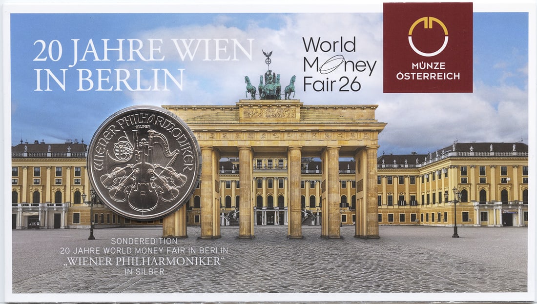 Austria 2026 150 Euro 1 oz Silver Philharmoniker WMF Berlin Issue: Austria 2026 150 Euro 1 oz Silver Philharmoniker WMF Berlin Issue Austria 2026 150 Euro Philharmoniker 1 oz silver coin packaged to commemorate the 20th year of the World Money Fair in Berlin. Just 60