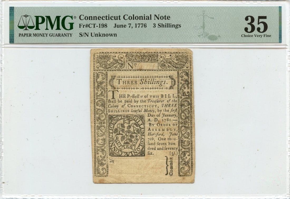 1776 Connecticut 3 Shillings Colonial Note PMG VF35 Certified: 1776 Connecticut 3 Shillings Colonial Note PMG VF35 Certified This 1776 June 7 3 Shillings Connecticut Colonial Note is a historical piece of currency that has been graded by PMG at VF35. This note is