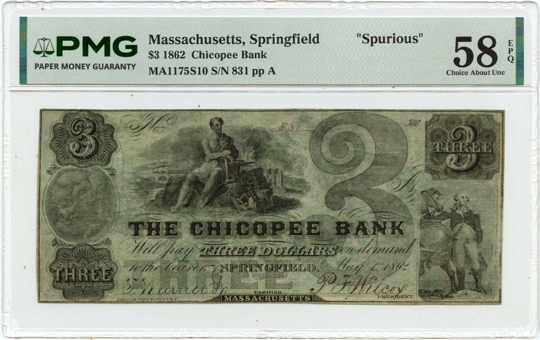 Spurious 1862 Chicopee Bank Three Dollar Note Springfield PMG AU58 EPQ (1 of 2)