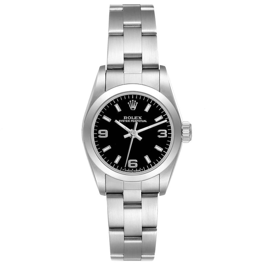 Rolex Ladies Oyster Perpetual Reference 67180 Black Dial Watch with Papers 1995: Rolex Ladies Oyster Perpetual Reference 67180 Black Dial Watch with Papers 1995 This Rolex Oyster Perpetual watch features a black dial, smooth bezel, and Oyster bracelet. It is the reference 67180 mo