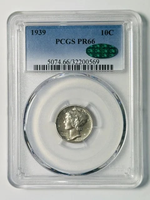 1939 Philadelphia Proof Mercury Dime PCGS PR66 CAC Silver 10C: 1939 Philadelphia Proof Mercury Dime PCGS PR66 CAC Silver 10C 1939 Mercury Dime graded PR-66 by PCGS with CAC approval. This proof silver dime was struck in Philadelphia and is identified as a pre-own