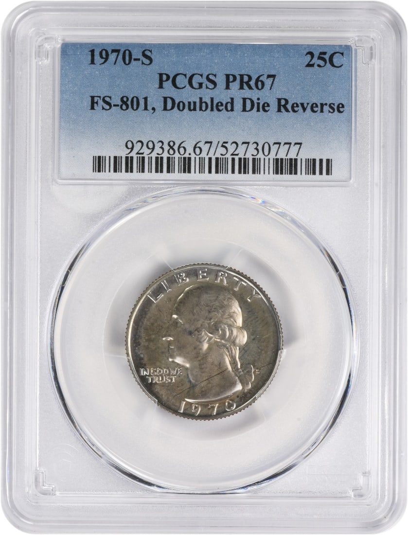 PCGS PR67 1970-S Washington Quarter Proof Copper: PCGS PR67 1970-S Washington Quarter Proof Copper This 1970-S Washington Quarter is a proof coin graded PR67 by PCGS. Struck in copper, it features the DDR FS-801 variety. The coin is uncirculated and 