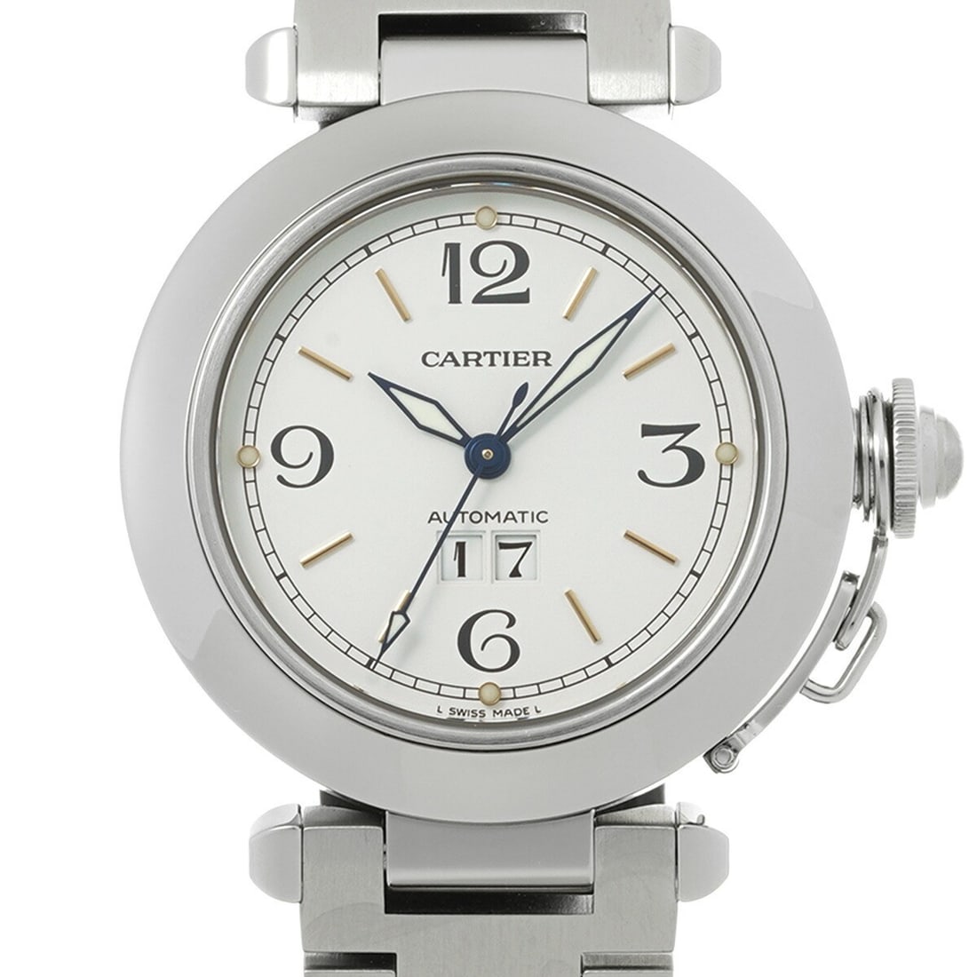 Cartier Pasha C Big Date automatic unisex steel wristwatch: Cartier Pasha C Big Date automatic unisex steel wristwatch Cartier Pasha C Big Date wristwatch with a white dial and automatic movement. This pre-owned unisex watch is made in Switzerland and features