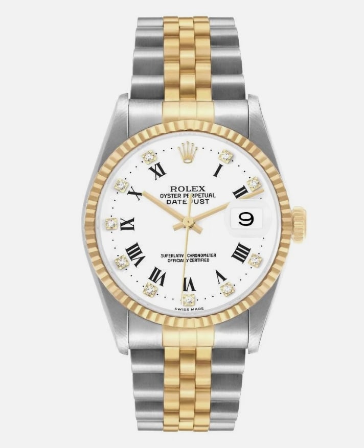 Rolex Datejust Ref 16233G Diamond Roman Dial Jubilee Bracelet: Rolex Datejust Ref 16233G Diamond Roman Dial Jubilee Bracelet This Rolex Datejust watch features a white dial with Roman numerals and 10 diamond hour markers. The timepiece includes a fluted bezel and